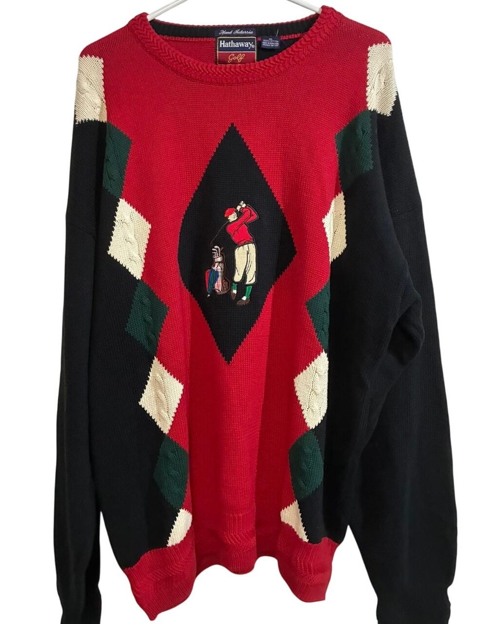 Vintage Hathaway Golf Golfer Intarsia Sweater XL Cotton Argyle Preppy Grandpa